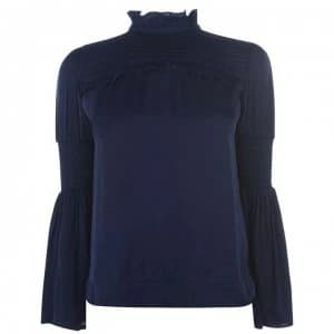 Biba Shirred Sateen Blouse - Navy