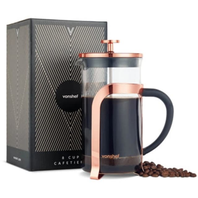 VonShef 1L Heat Resistant Glass French Press 8 Cup Cafetiere Rose Gold