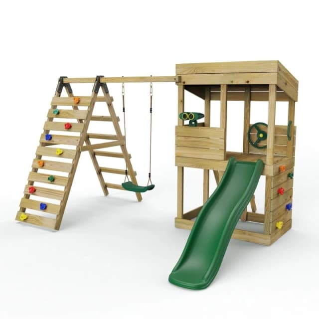 OutdoorToys Rebo Wooden Garden Lookout Tower Playhouse with Swing & Climbing Wall plus 6ft Slide for Kids - Crest in Green Green Unisex