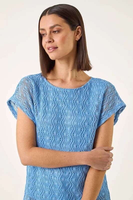 Roman Womens Lace Overlay Stretch Top in Blue Size: 18 Blue Female 18
