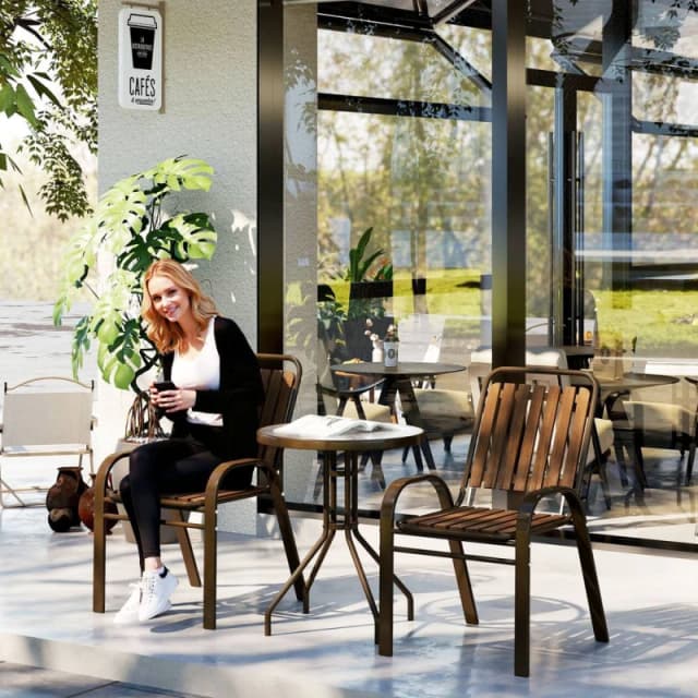 OUTSUNNY Stackable Patio Bistro Set, 3 Pieces Garden Furniture Set, Brown in Dark Brown Dark Brown Unisex