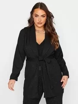 Yours Ladies Curve Glitter Tie Waist Blazer - Black, Size 18, Women