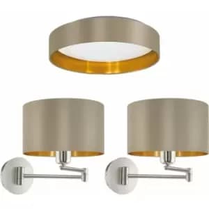Low Ceiling Light & 2x Matching Wall Lights Taupe & Gold Round Diffused Lamp
