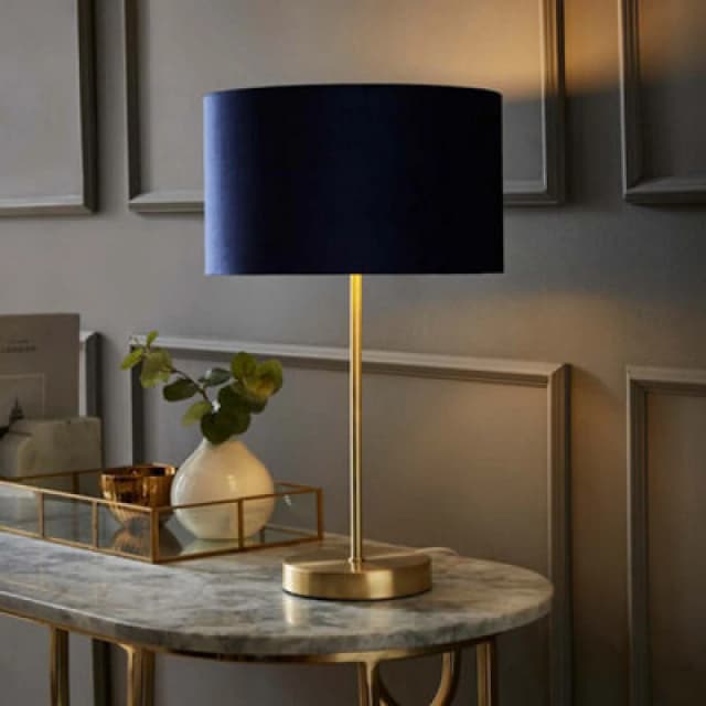 ValueLights ValueLights Charlie Gold Stem Table Lamp with Velvet Drum with Gold Inner Lamp Shade in Dark Navy Dark Navy One Size Unisex 5059406060670