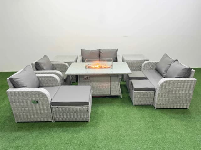 Fimous 9 Seater Outdoor Reclining Chair Love Sofa Set Rattan Garden Furniture Set with Firepit Dining Table 3 Stools 2 Side Table Light Grey Light Gre