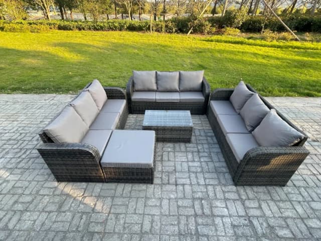 Fimous Rattan Lounge Sofa Set 10 Seater Outdoor Garden Furniture Set with Rectangular Coffee Table 3 Seater Sofa Big Footstool Dark Grey