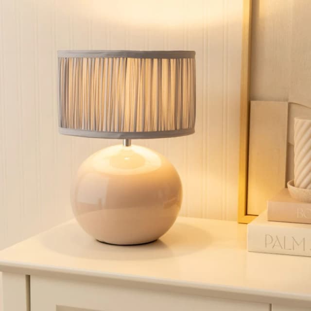 ValueLights Bosco Stone Ceramic Table Lamp with Ruched Pleated Fabric Drum Lamp Shade Baby Blue