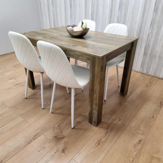 KOSY KOALA KOSY KOALA Wooden Dining Table with 4 white Gem Patterned Chairs Rustic Effect Table with white Chairs in Brown Size: 140cm x 80cm Brown