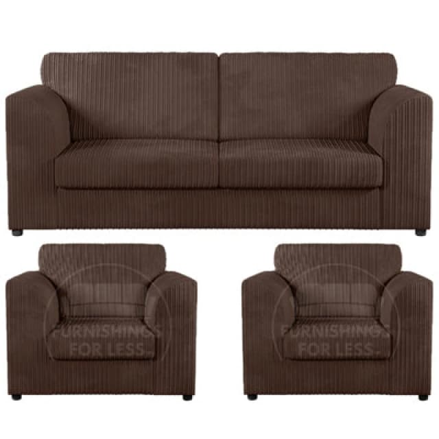 Furnishings For Less UK Luxor Jumbo Cord 3 + 1 + 1 Fabric 3 Piece Sofa Suite - Fullback Chocolate