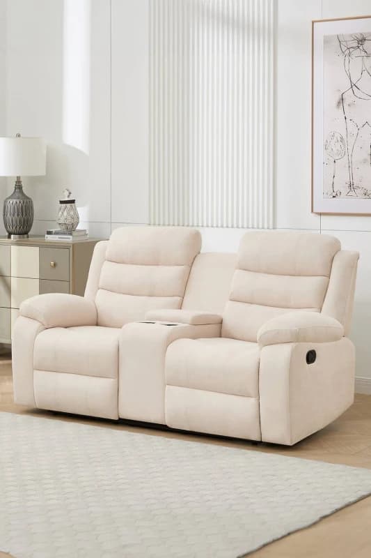 More4Homes Boston 2 Seater Manual Recliner Sofa W Drinks Console (Beige)