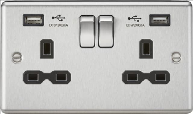 KnightsBridge 13A 2G Curved Edge switched socket with dual USB charger A + A (2.4A) - Brushed chrome, Black insert CL9224BC