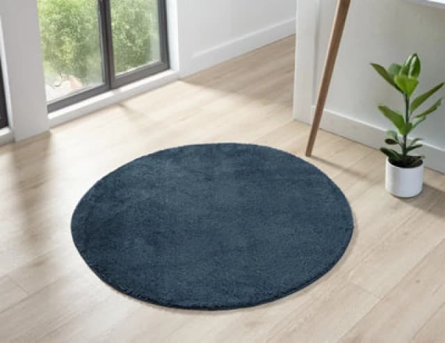 Comfy Washable Low Pile Living Room Area Rug - Anti Slip Felt Backing Navy 100Cm Diameter