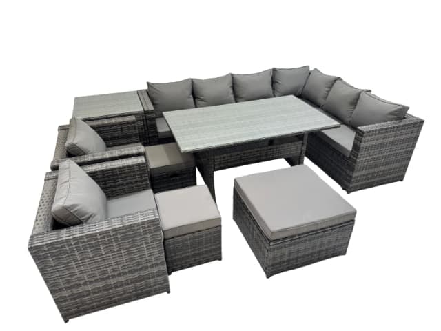 Fimous Rattan Garden Furniture Set Outdoor 11 Seater Patio Corner Sofa Sets With Table 2 Chair 3 Stools Side Table Dark Grey Mixed