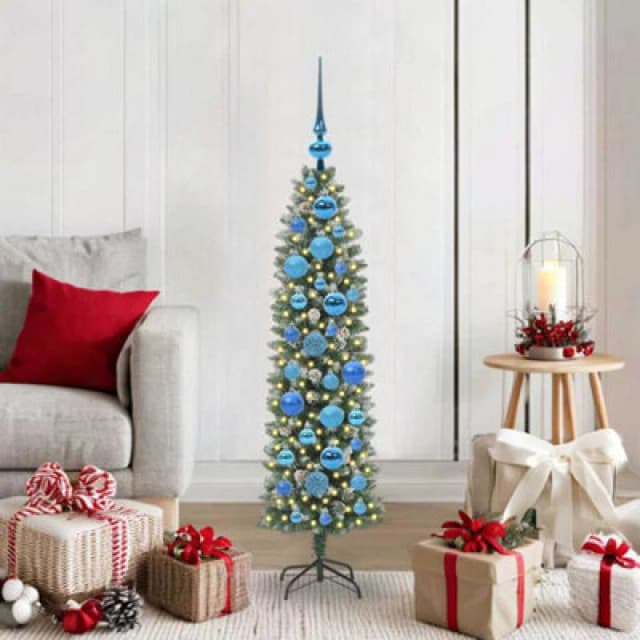 vidaXL Artificial Slim Christmas Tree with Blue Balls Green and white 120 cm, Green 3395276