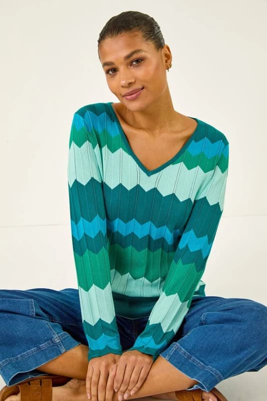 Roman Womens Wave V-Neck Knit Jumper in Blue Size: 18 Blue Female 18