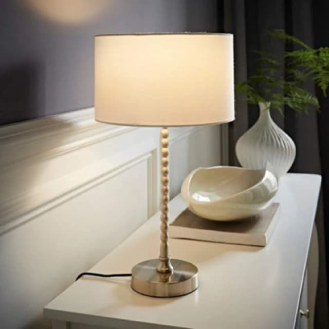 ValueLights ValueLights Maeve Fabric Drum Lamp Shade Brushed Chrome Bobbin Bobble Table Lamp in White White One Size Unisex 5059406065125