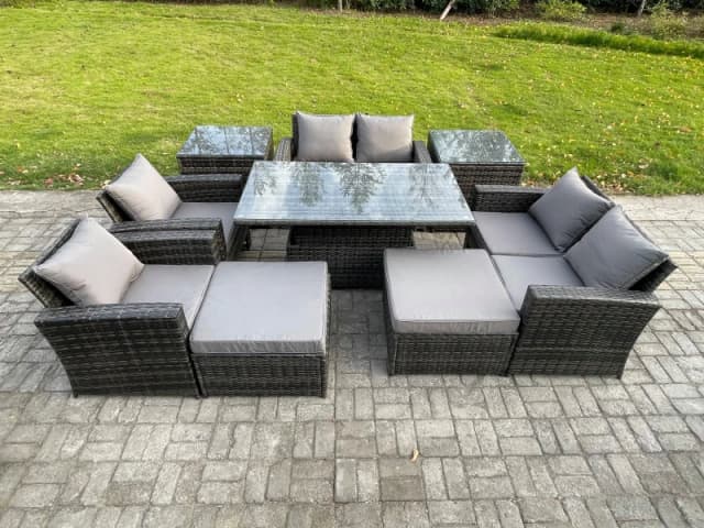 Fimous Outdoor Garden Furniture Sets 9 Pieces Wicker Rattan Furniture Sofa Dining Table Set with 2 Big Footstool 2 Side Tables in Dark Grey Dark Grey