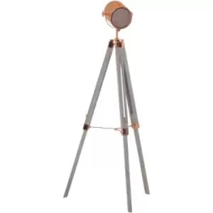 Vintage Tripod Floor Lamp Wooden Searchlight with Adjustable Height Rose Gold