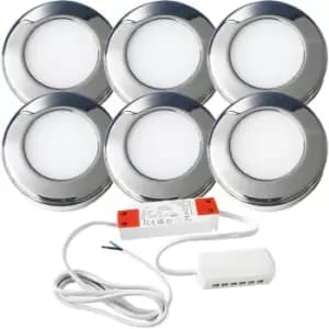 6x CHROME Round Surface or Flush Under Cabinet Kitchen Light & Driver Kit - Natural White LED