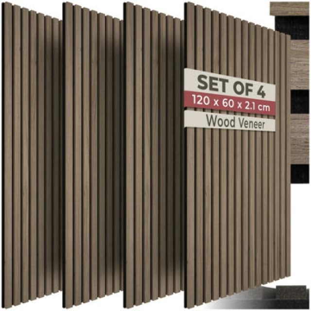 Tectake Acoustic Wall Panels With Wood Veneer Slats, Thick Felt And Easy To Install Set Of 4 - Dark Oak
