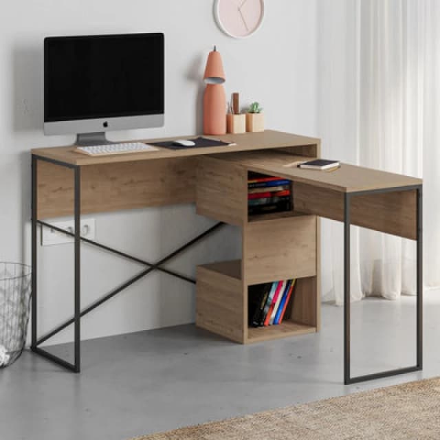 Decortie Modern Badau L-Shaped Computer Desk Natural Oak Black Metal Legs 3 Adjustable Storage Shelf Extra Table 110Cm(W) Office