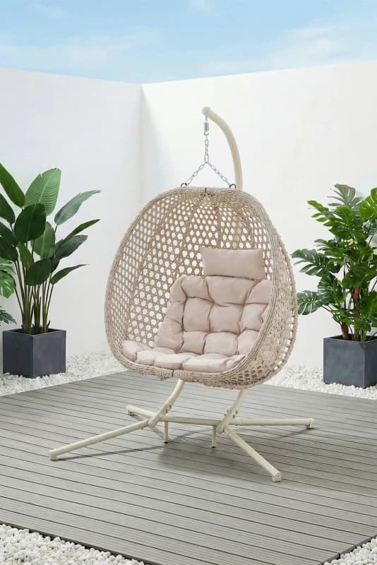 More4Homes Como Hanging Rattan Egg Chair In Beige