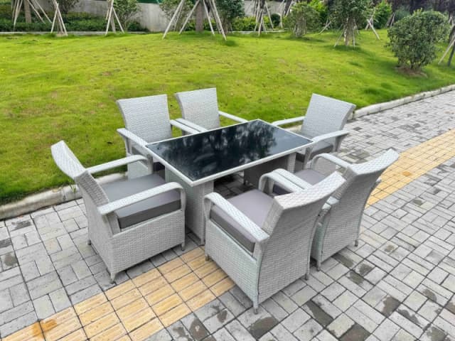 Fimous Rattan Outdoor furniture Set Black Tempered Glass Table & 6 Chairs Set in Light Grey Light Grey Unisex