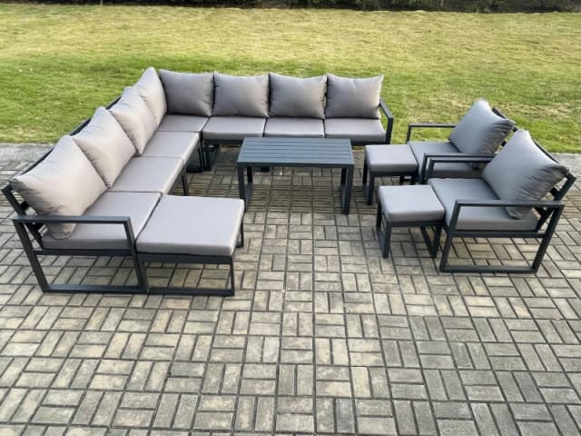 Fimous Aluminium Outdoor Garden Furniture Set Lounge Corner Sofa Oblong Coffee Table 2 Pcs Chair Sets with 3 Footstools Dark Grey Dark Grey Unisex