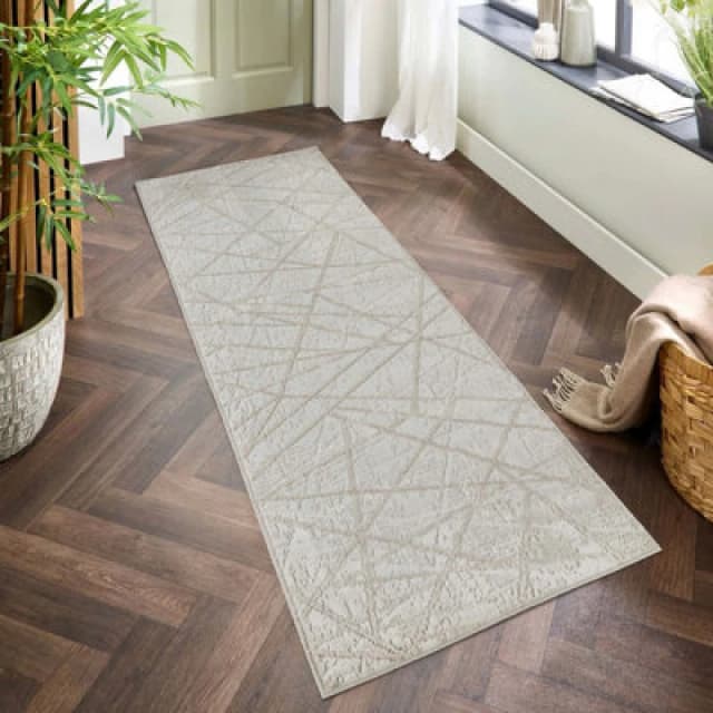 Perla Modern Abstract Linear Living Room Area Rug Metallic Sheen Contemporary Hallway Runner Axis-Beige 60X220 Cm
