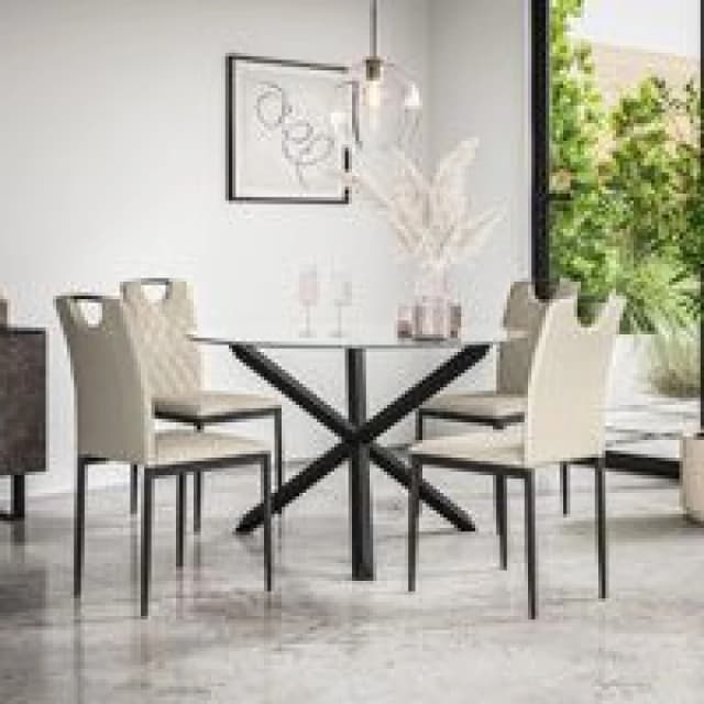 More4Homes Malvern Round Dining Table And Chairs - Clear Glass Table Top W Solid Oak Black Legs + Monza Fabric Dining Chair Set Of 4 (Beige)