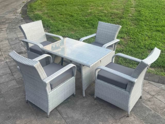 Fimous Rattan Outdoor Rectangular Dining Table & 4 Chair Garden furniture Set in Light Grey Light Grey Unisex