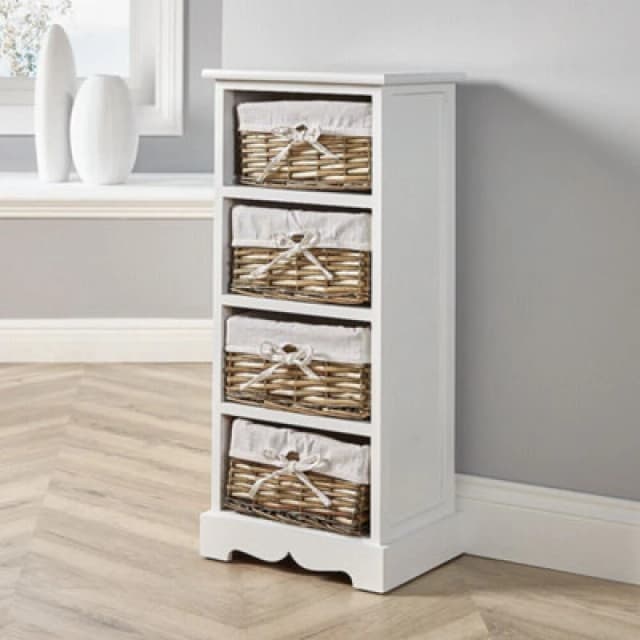 Home Source Lichfield Fully Assembled 4 Wicker Basket Drawer Chest Storage Unit White