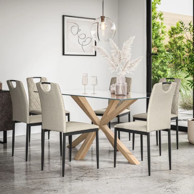 More4Homes Etta Glass Dining Table And Chairs - Glass Top W Solid Oak Legs + Monza Fabric Dining Chair Set Of 6 (Beige)