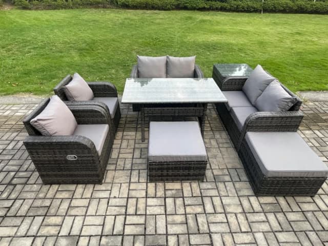 Fimous Outdoor Rattan Garden Furniture 8 piece Grey Patio Furniture Set 8 Seater Lounge Sofa Set with Rectangular Table in Dark Grey Dark Grey Unisex