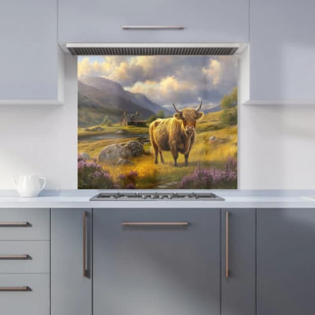 Warren Reed - Designer Springtime Highland Cow Kitchen Splashback W900Mm X H750Mm, Multi WR01264-P449