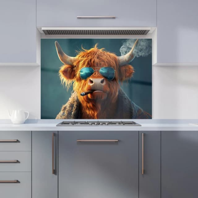 Warren Reed - Designer Highland Cow With Glasses Kitchen Splashback in Blue Size: 900mm x 650mm Blue Unisex 900mm x 650mm