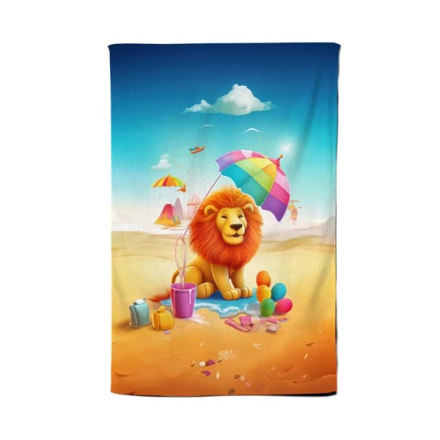 Warren Reed - Designer Lion On A Beach Holiday Tea Towel in Yellow Yellow Unisex