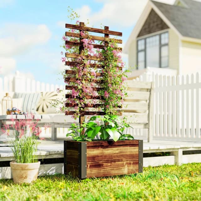 OUTSUNNY Raised Garden Bed, Wooden Planter with Trellis & Wheels in Brown Brown Unisex
