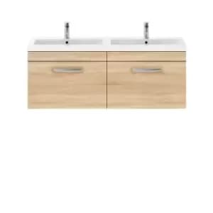 Nuie Athena 1200 Wall Hung 2-drawer Vanity & Ceramic Double Basin - Natural Oak