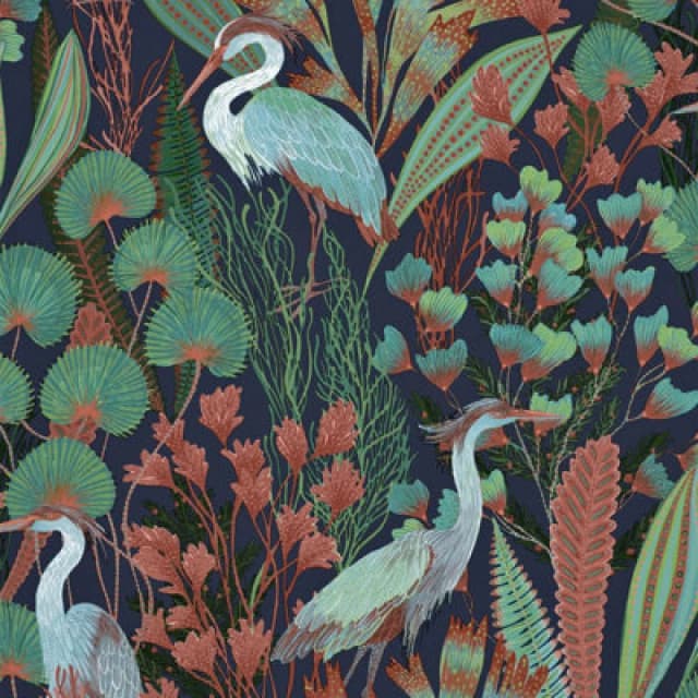 Grandeco Tropical Crane Navy Textured Wallpaper, Navy Green Pink