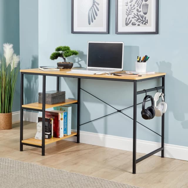 Home Source Stanton Computer Desk Light Oak Adjustable Shelves Storage Hook Home Office Workstation