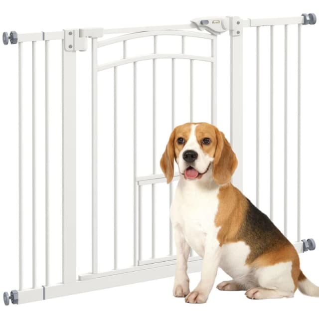 PawHut Pressure Fit Safety Gate, Dog Gate w/ Small Cat Door, 74-100cm Openings, White D06-212V01WT