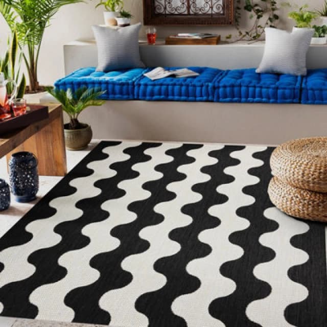 RugsX Carpet Sisal Flat 49377690 Waves Cream / Black 80X150 Cm