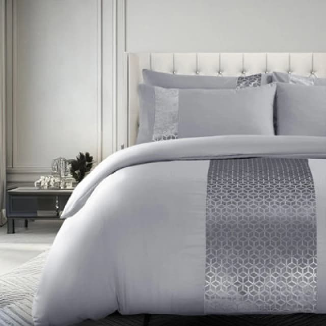 Velosso Elegant Foil Printed Duvet Cover & Pillowcase Set, Luxury Bedding, Modern Bed Covers With Stylish Geometric Pattern, - Silver