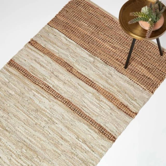 HOMESCAPES Homescapes - Brown Recycled Leather Handwoven Stripe Rug, 90 x 150cm RU1413C