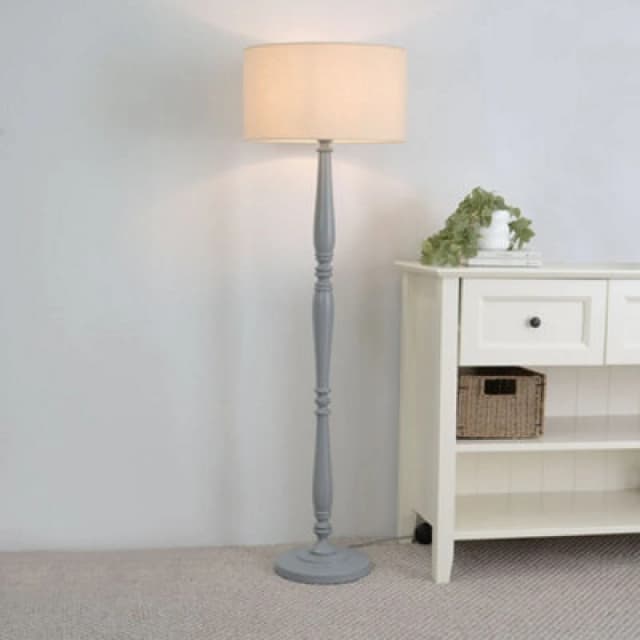 ValueLights Victoria Grey Wood Traditional Stem Floor Lamp with Fabric Drum Shade & LED Bulb Natural