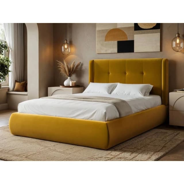 Solace+Co Monte Gold Velvet Winged Button Headboard Ottoman Bed Size: King Gold Unisex King