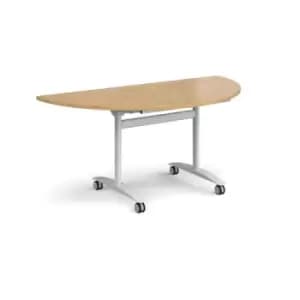 Semi circular deluxe fliptop meeting table with white frame 1600mm x 800mm - oak