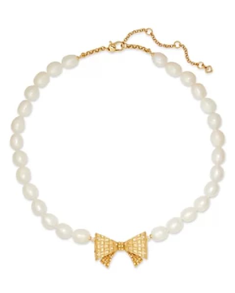 kate spade new york Wrapped In A Bow Pave Bow & Cultured Freshwater Pearl Pendant Necklace in Gold Tone, 17-20