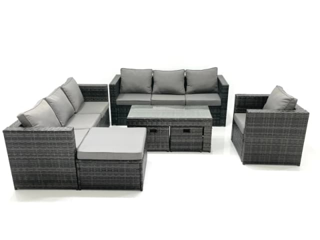 Fimous Outdoor Garden Furniture Set 10 Seater Rattan Sofa Set with Coffee Table 3 Big Footstools Armchair Dark Grey Mixed Dark Grey